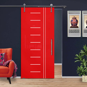 Sliding Door With Painted Glass & Modern Design V1000, 40"x81", Red Back Painted