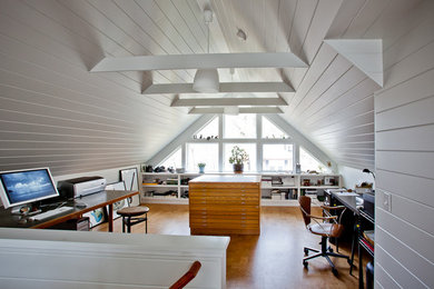 Example of a trendy home office design in Boston