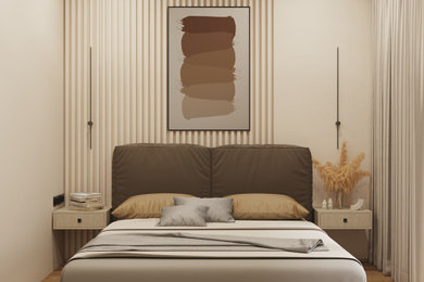 他の地域にある中くらいなコンテンポラリースタイルのおしゃれな主寝室 (ベージュの壁、ラミネートの床、茶色い床) のインテリア