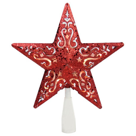 8.5" Red Glitter Star Cut-Out Design Christmas Tree Topper - Clear Lights