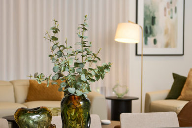 Large modern dining room in Melbourne with white walls, dark hardwood floors and brown floor.