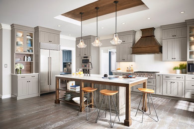 Inspiration for a large country l-shaped eat-in kitchen in Other with shaker cabinets, grey cabinets and with island.