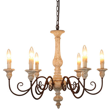 6 Light Candle Style Classic chandelier With Wood Accents