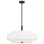 Livex Lighting - Meridian Pendant, Bronze - A triple drum shade adds character to this handsomely styled pendant light. Update your decor with the clean styling of this contemporary five light pendant from the Meridian collection. Features a lovely hand crafted off white fabric hardback shade and frosted diffuser for subtle illumination.