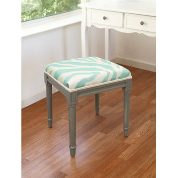 Zebra Print-Aqua, Linen Upholstered Vanity Stool, Aqua