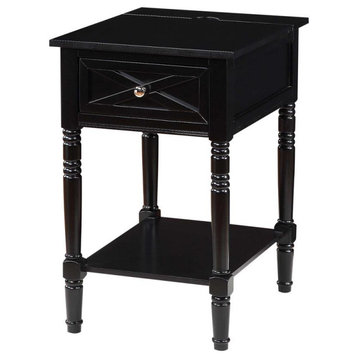 Country Oxford 1 Drawer End Table with Charging Station and Shelf, Black