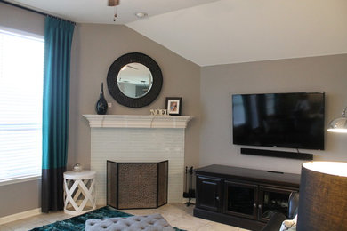 Mid-sized minimalist open concept porcelain tile living room photo in Dallas with gray walls, a tile fireplace, a wall-mounted tv and a corner fireplace