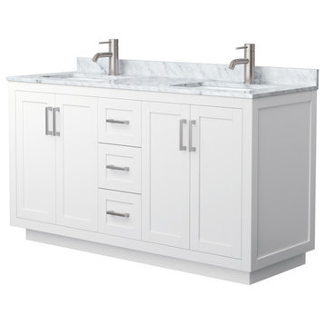 60" Double Bathroom Vanity White, White Carrara Countertop, Sinks, Nickel Trim