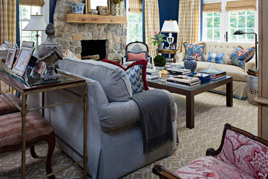 Large french country enclosed carpeted family room photo in Philadelphia with a bar, blue walls, a standard fireplace and a stone fireplace