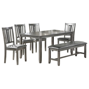 Benzara BM228549 6 Piece Dining Set with Leatherette Padded Chair & Bench, Gray