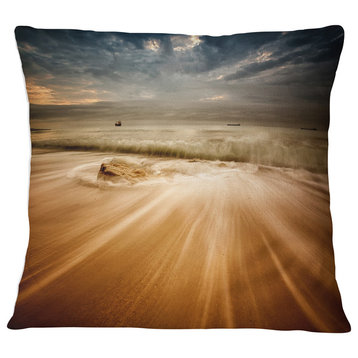 Stormy Sea with Waves Flowing Out Beach Photo Throw Pillow, 18"x18"