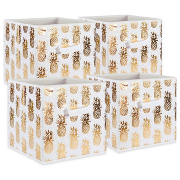 DII 11" Square Polyester Cube Pineapple Storage Bin in White/Gold (Set of 4)