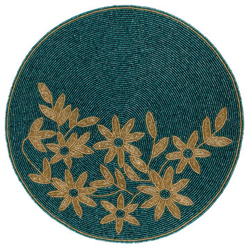 15" Glass Beaded Flower Placemat, Teal and Gold