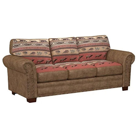 Classic Brown Sofa with Leather-Look Microfiber, Rolled Arms & Nailhead Trim
