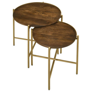 2 Piece Round Nesting Table, Dark Brown and Gold