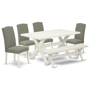 East West Furniture X-Style 6-piece Wood Dining Set in Linen White/Dark Shitake