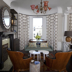 Custom window treatments for curved and bowed window including custom hardware - Curtains