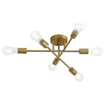 Modern Concise 6-Light Ceiling Light Sputnik Semi Flush Mount Light, Gold