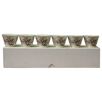 Chinese Light Green Birds Graphic Porcelain Handmade Tea Cup 6 pieces Set ws593