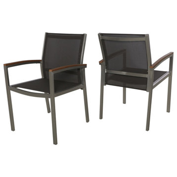 Emma Outdoor Aluminum Dining Chairs with Faux Wood Accents, Gray/Silver, Set of 2