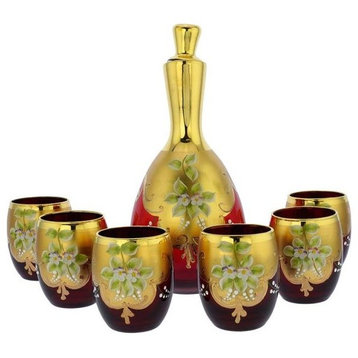 GlassOfVenice Murano Glass Decanter Set With 6 Wine Glasses Tumblers 24K Gold