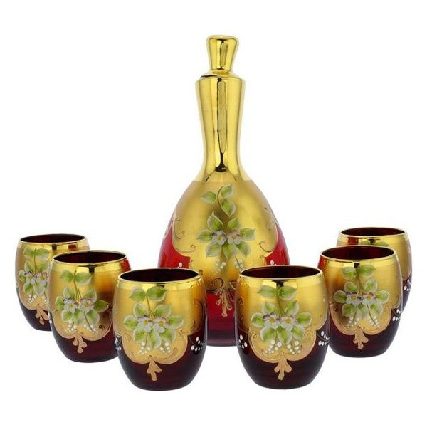 Murano Glass Decanter Set w/ Six Wine Glasses Tumblers 24K Gold Leaf -