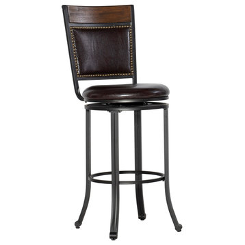 Linon Franklin Metal 30" Swivel Faux Leather Bar Stool in Rustic Umber Brown