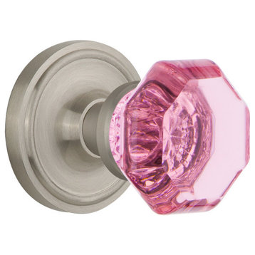 Classic Rosette Privacy Waldorf Pink Knob, Satin Nickel