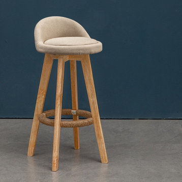 Retro-Styled Rotating High Bar Stool Made of Solid Wood, Beige, Linen