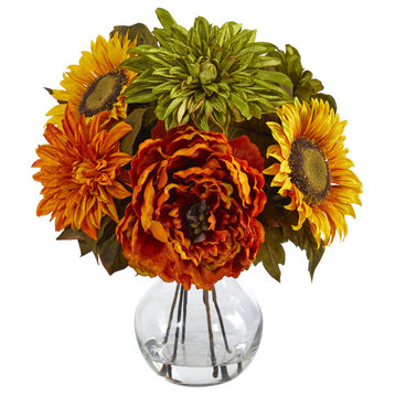 12" Peony, Dahlia and Sunflower Artificial Arrangement, Glass Vase