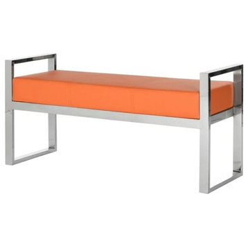 Contemporary Bench, Chrome Stainless Steel Frame With Faux Leather Seat, Orange