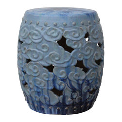Ceramic Clay Light Blue Glaze Round Scroll Pattern Garden Stool - Living Room Chairs