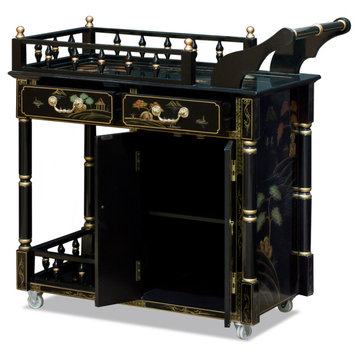Black Lacquer Chinoiserie Scenery Asian Tea Cart