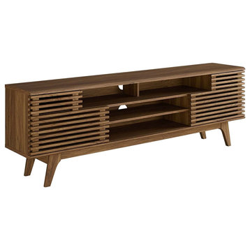 Mid Century Modern TV Stand, Slatted Doors & Open Compartments, Walnut