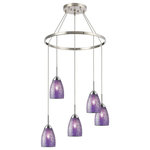 Woodbridge Lighting - Woodbridge Lighting Venezia 5-Light Pendant Chandelier, Satin Nickel, Round, 24"d, Mosaic Purple - The Venezia collection is a series of hanging lights featuring uniquely colored designer glass. With many color options to choose from, this transitional design can blend in many rooms with different colors and themes.   This pendant chandelier hangs 5 tulip shaped mosaic glasses spread around a large metal ring to create a carousel for a contemporary touch.