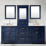Design Element - Milano 96" Double Sink Bathroom Vanity Modular Set, Blue - Combining classic charms with modern features, this elegant Milano modular combo vanity by Design Element will instantly transform your bathroom into a work of art. This unique modular vanity set is comprised of 2 single vanities, a draw unit, and a tower cabinet with an additional drawer and cabinet with a tempered glass door. All Milano vanity cabinets are constructed from solid birch hardwood and paired with a 1 inch thick white quartz countertop and backsplash. Soft closing doors and drawers provide smooth and quiet operations, while brushed finished metal hardware provides the perfect finishing touch. Other fine details include white porcelain sinks with overflow, dovetail joint drawer construction, predrilled holes to accommodate 8-inch widespread faucets, and multi-layer paint finish on the cabinets provide beauty and durability for years to come.  Mirrors, faucets and drains are not included.