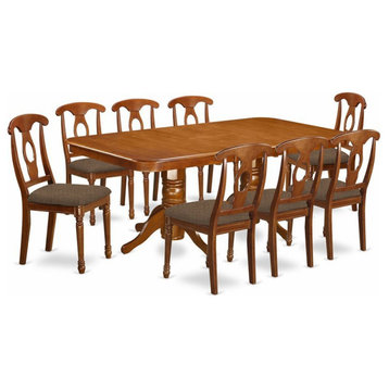 East West Furniture Napoleon 9-piece Dining Set with Linen Seat in Saddle Brown