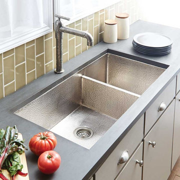33" Cocina Duet in Brushed Nickel - 60/40 Double Bowl Hammered Copper Undermount