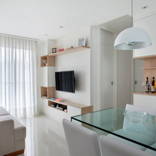 Exempel på ett litet modernt vardagsrum, med vita väggar och klinkergolv i porslin