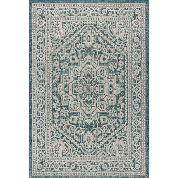Sinjuri Medallion Textured Weave Indoor/Outdoor, Teal Blue/Gray, 8x10