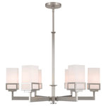 Livex Lighting - Livex Lighting Harding Brushed Nickel Light Chandelier - The transitional style of the Harding six light chandelier features an eye-catching satin opal white glass shade floating inside a unique double forged square design in a brushed nickel finish.