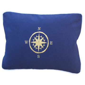 Navy Lumbar Pillow With Compass Rose, Gold, Down Insert