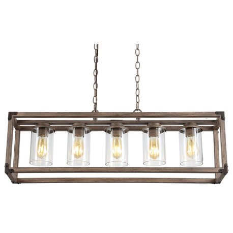 Zeniba  36" 5-Light Linear Adjustable Iron and Seeded Glass Pendant, Brown