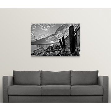 Black And White Broken Sea Wall Sunset Cloud Wave Wrapped Canvas Art Print