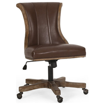 Adjustable Office Chair, Armless Design & Rubberwood Base, Dark Brown Pu Leather