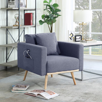 Easton 32.5" Linen Chair with USB Charging Ports Pockets & Pillows