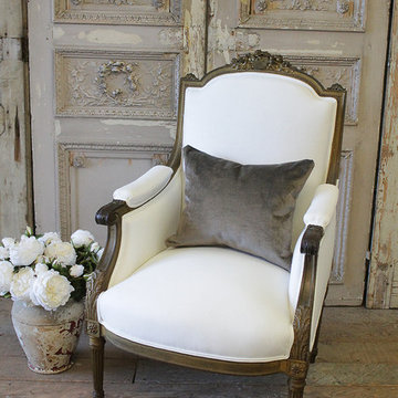 Antique Louis XVI Style Giltwood Bergere Chair in White Linen