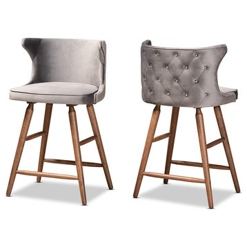 Set of 2 Counter Stool, Velvet Seat & Curved Back With Jewelry Tufting, Grey