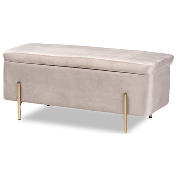 Rockwell Grey Velvet Fabric Upholstered and Gold Finished Metal Storage Bench