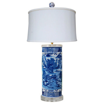 Blue and White Landscape Porcelain Vase Table Lamp 29"
